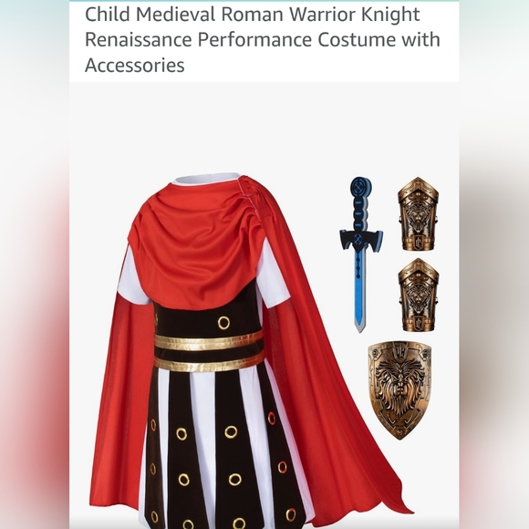 Kids Medievil Roman Warrior Costume with Red Cape Sheild, Sword and Arm Cuffs - Picture 1 of 6